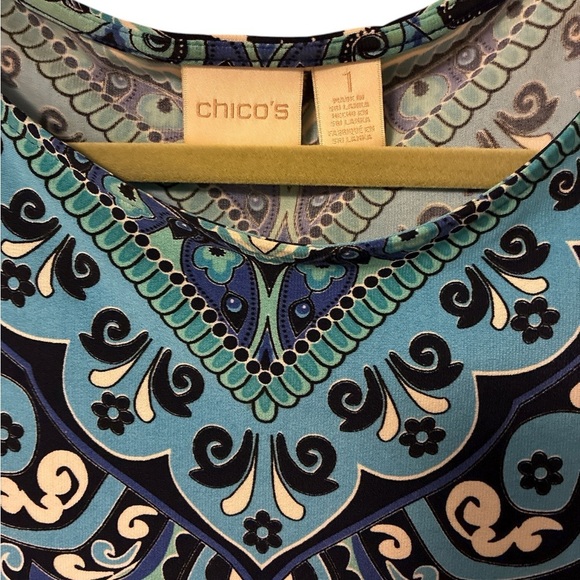 Chico’s Paisley Dress Size 1 (Medium) Blue 3/4 Sleeves Stretch Vacation - Picture 3 of 13